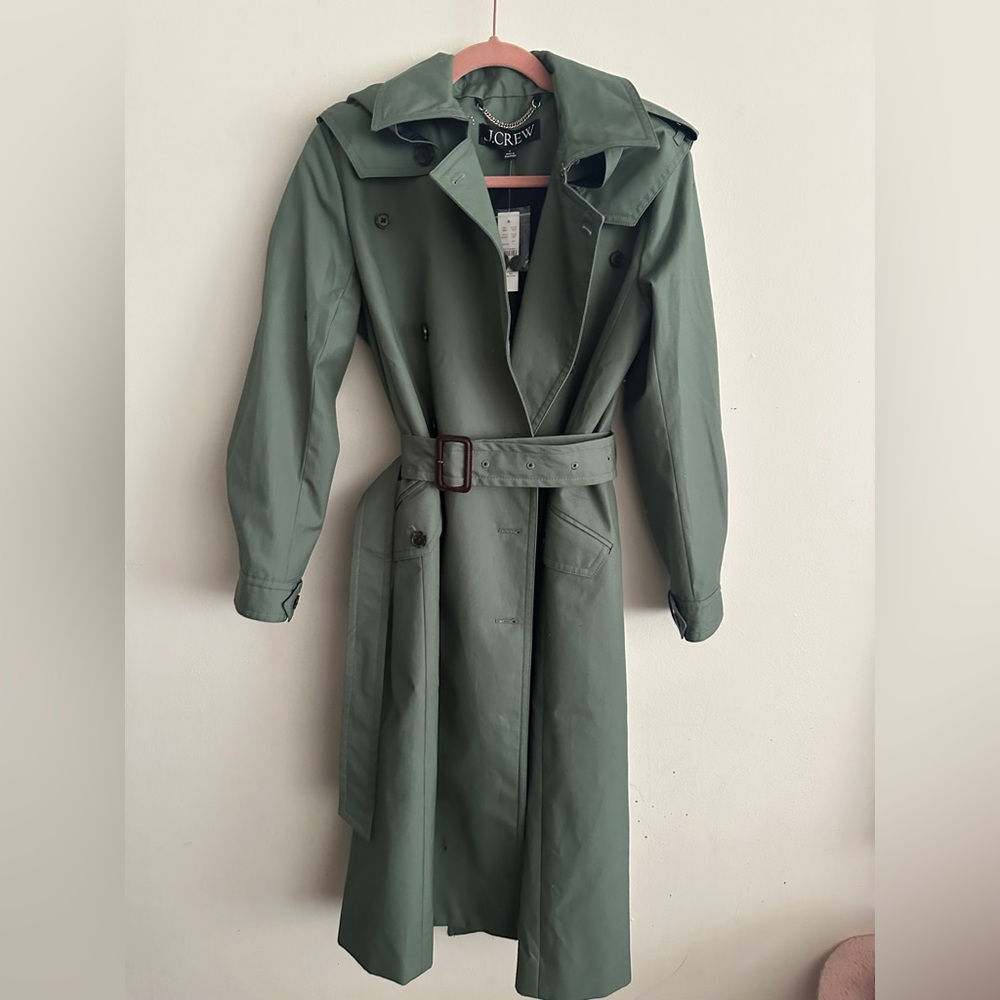 J.CREW NWT Olive Double-Breasted Trench Coat $368 SIZE 0 Classic Fit Staple Fall - Picture 7 of 11
